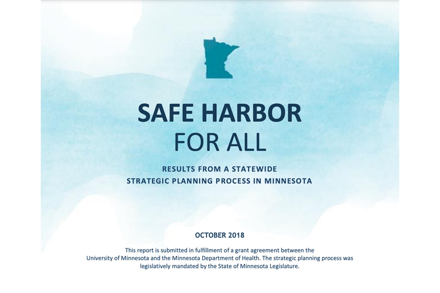 [ai] A document titled "Safe Harbor for All" with a subtitle "Results from a Statewide Strategic Planning Process in Minnesota." The report is dated October 2018 and has a blue watercolor background.